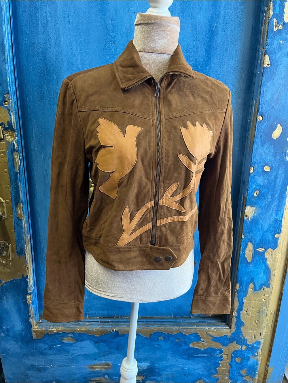 Brown Suede Floral Appliqué Zip Jacket